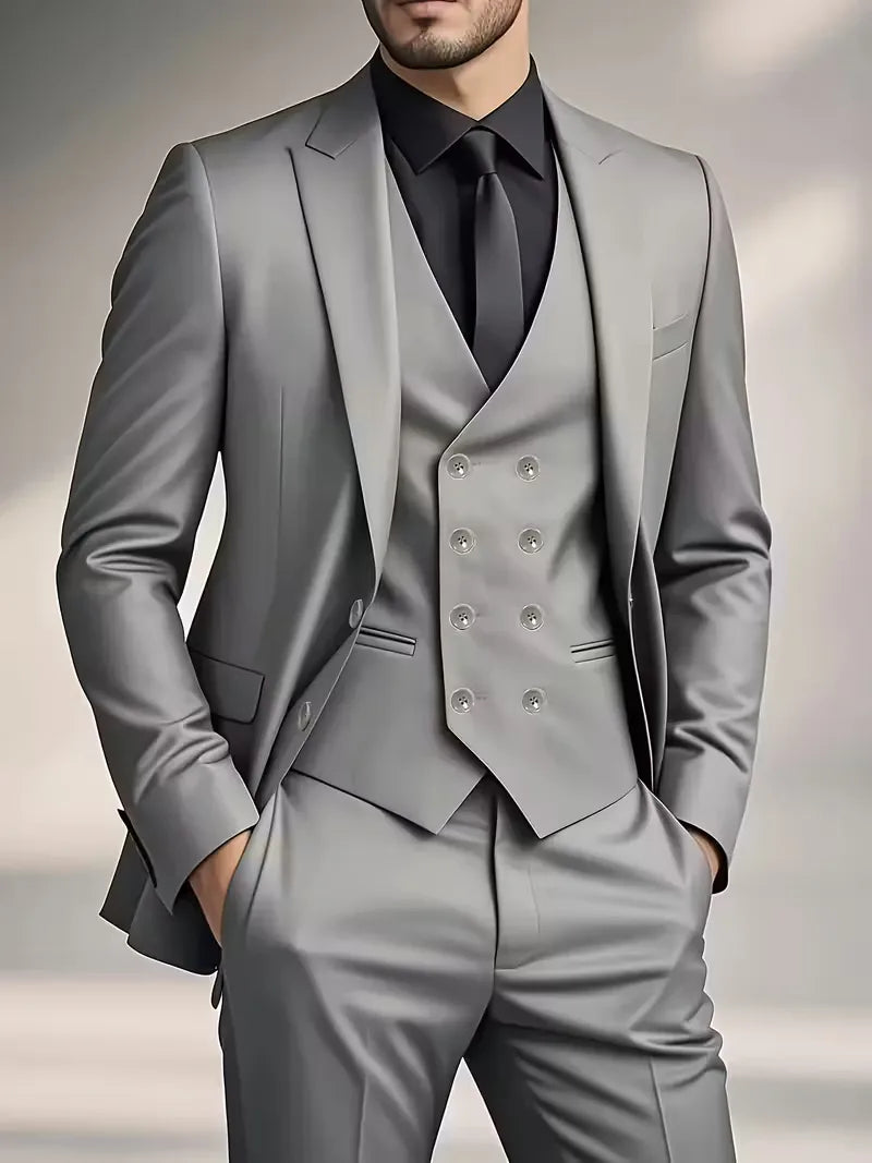 Męski garnitur trzyczęściowy slim fit z dwurzędową kamizelką