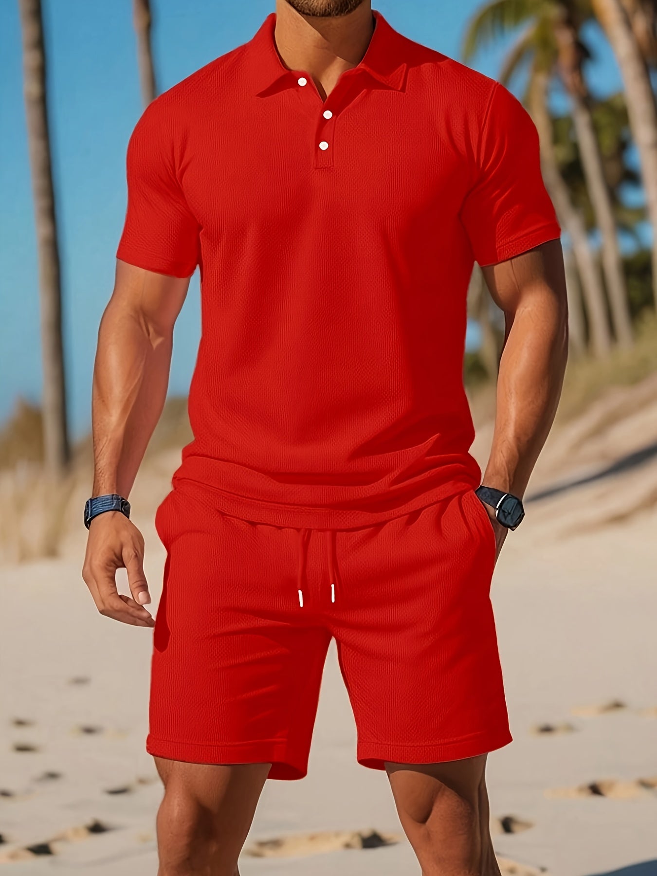 Mężczyzna w niebieskim komplecie polo i szortów na plaży